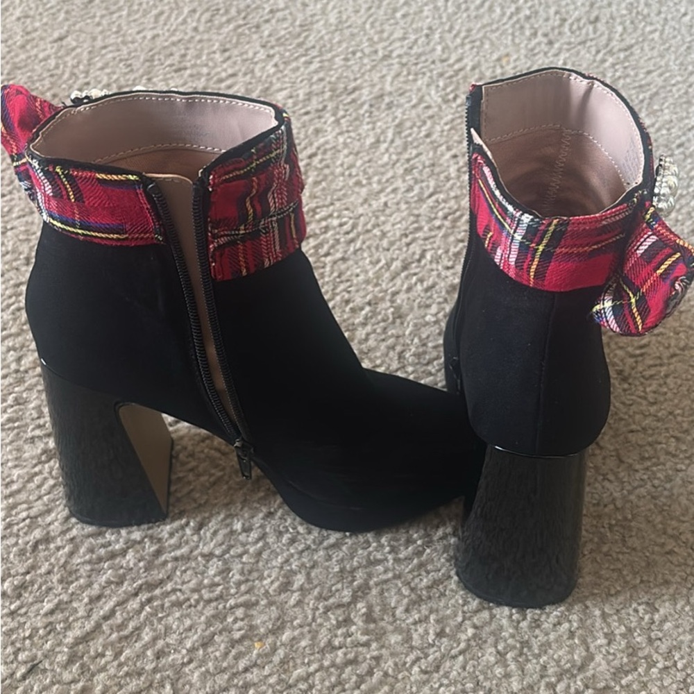 Betsey Johnson Black Boots with Red Plaid Accent